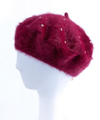 Rhinestone Faux Fur Beret Hat HA320966 BURGUNDY